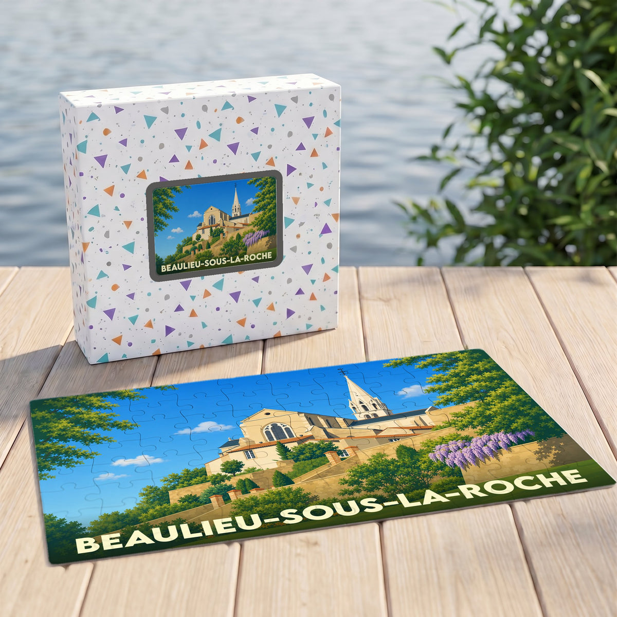 Puzzle souvenir de la ville de Beaulieu-sous-la-Roche illustré d'un paysage urbain stylisé avec son église.