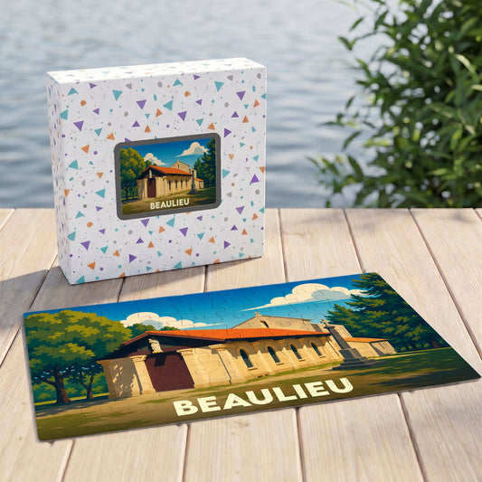 Puzzle souvenir de la ville de Beaulieu avec une illustration stylisée d'un bâtiment historique.