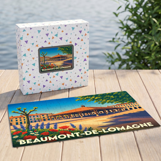 Puzzle souvenir de la ville de Beaumont-de-Lomagne avec une illustration stylisée de sa halle médiévale.