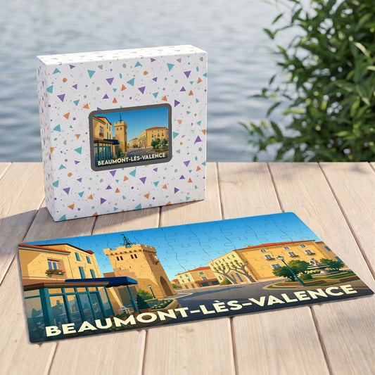 Puzzle souvenir de la ville de Beaumont-lès-Valence avec une illustration stylisée et colorée.