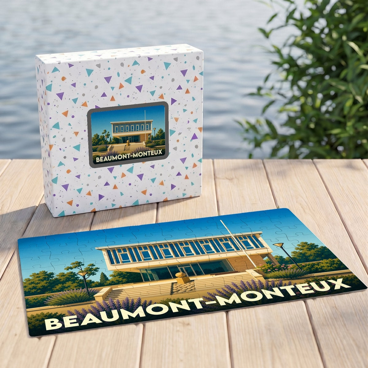 Puzzle souvenir de la ville de Beaumont-Monteux avec une illustration stylisée.