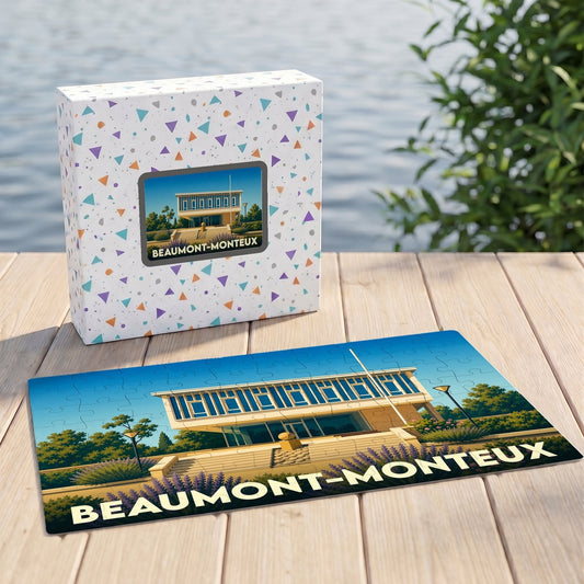 Puzzle souvenir de la ville de Beaumont-Monteux avec une illustration stylisée.