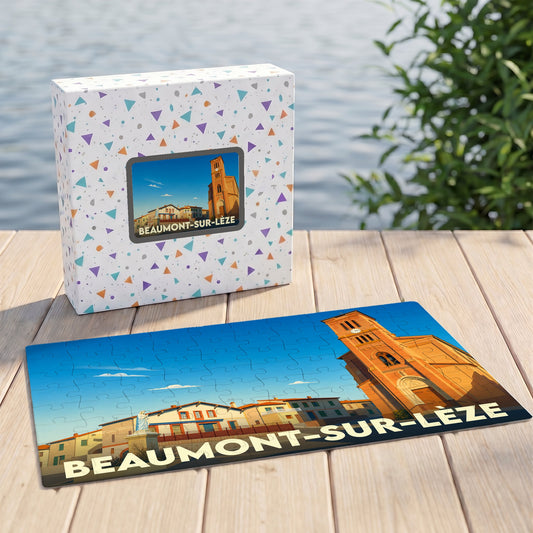 Puzzle souvenir de la ville de Beaumont-sur-Lèze avec une illustration stylisée et colorée.