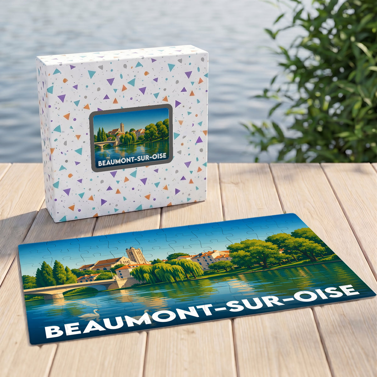 Puzzle souvenir de la ville de Beaumont-sur-Oise avec une illustration stylisée des bords de l'Oise.