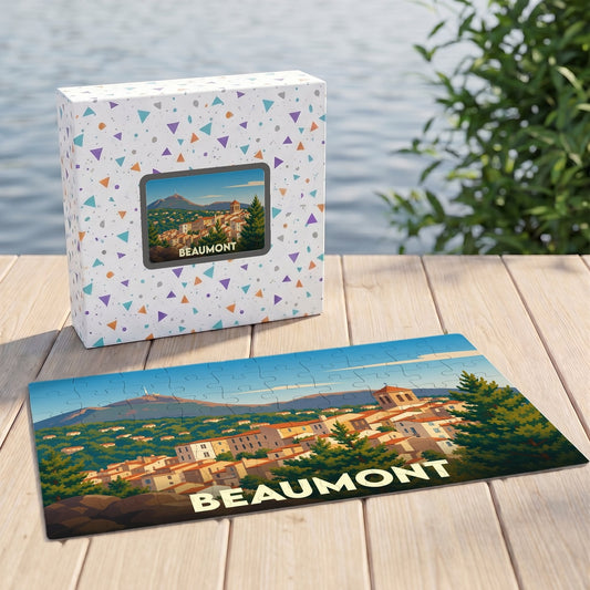 Puzzle souvenir de la ville de Beaumont avec une illustration stylisée d'un paysage urbain provençal.