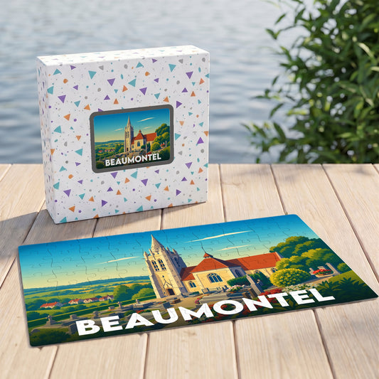 Puzzle souvenir de la ville de Beaumontel représentant son église sous forme d'illustration stylisée.