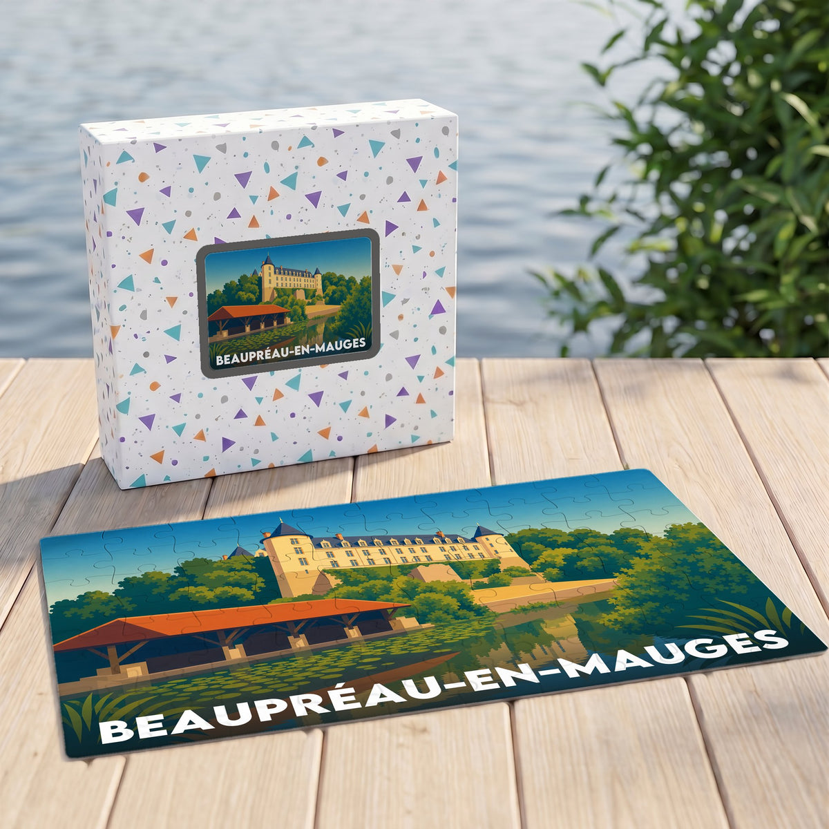 Puzzle souvenir de la ville de Beaupréau-en-Mauges avec une illustration stylisée de son château et de sa rivière.
