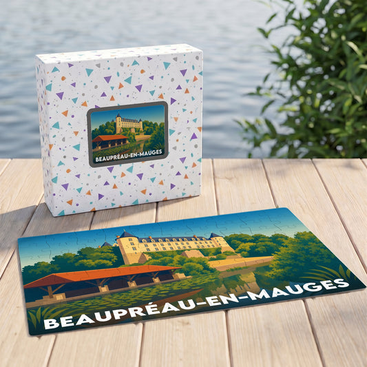 Puzzle souvenir de la ville de Beaupréau-en-Mauges avec une illustration stylisée de son château et de sa rivière.