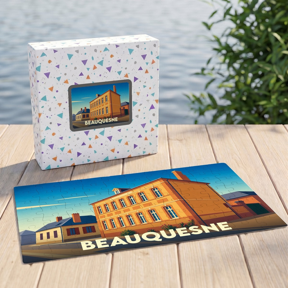 Puzzle souvenir de la ville de Beauquesne avec une illustration stylisée d'un bâtiment historique.