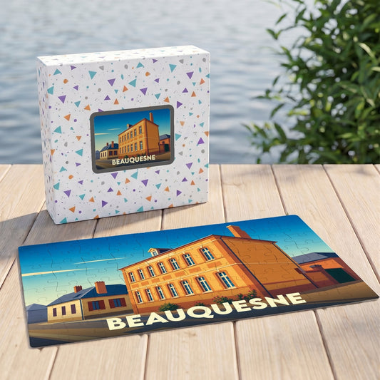 Puzzle souvenir de la ville de Beauquesne avec une illustration stylisée d'un bâtiment historique.