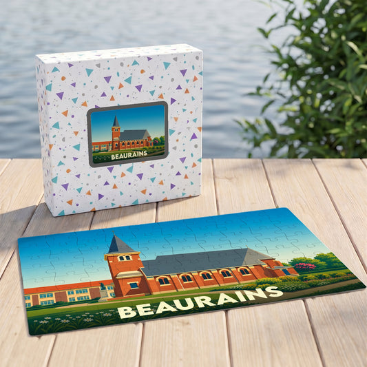 Puzzle souvenir de la ville de Beaurains avec une illustration stylisée d'un bâtiment historique.