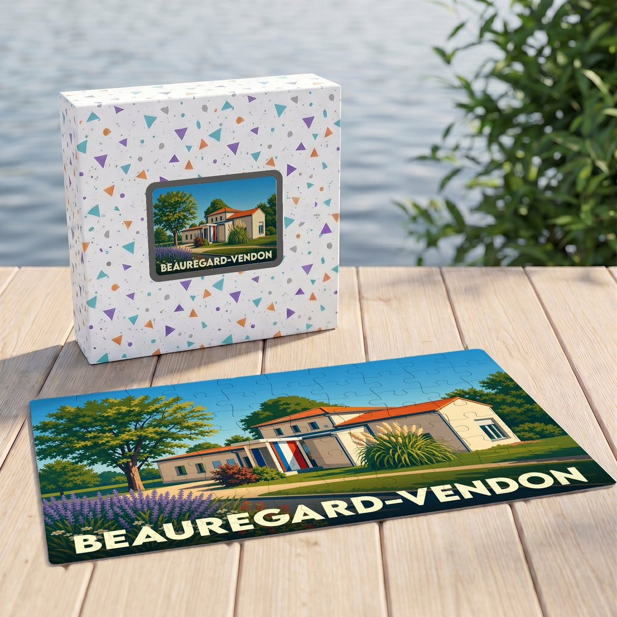 Puzzle souvenir de la ville de Beauregard-Vendon présentant une illustration stylisée de son hôtel de ville.