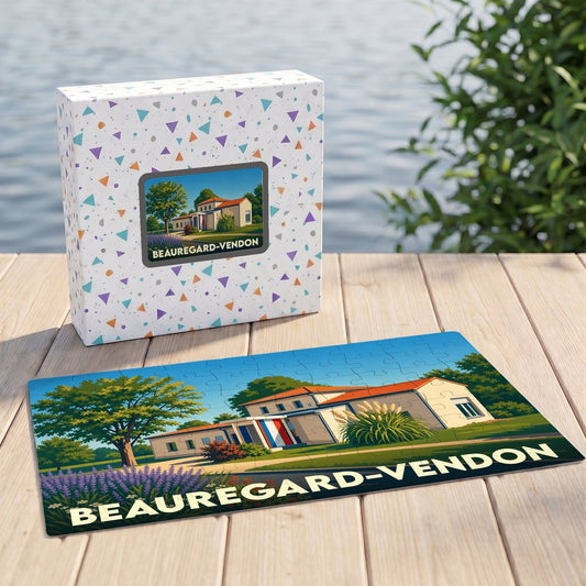 Puzzle souvenir de la ville de Beauregard-Vendon présentant une illustration stylisée de son hôtel de ville.
