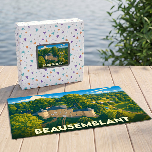 Puzzle souvenir de la ville de Beausemblant illustrant un château dans un paysage verdoyant.