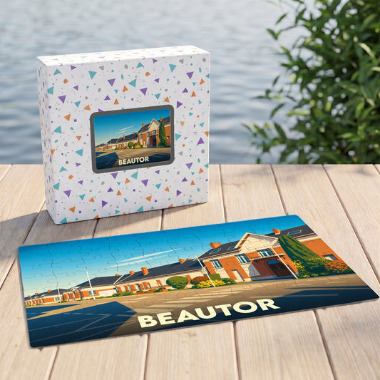 Puzzle souvenir de la ville de Beautor avec une illustration stylisée.