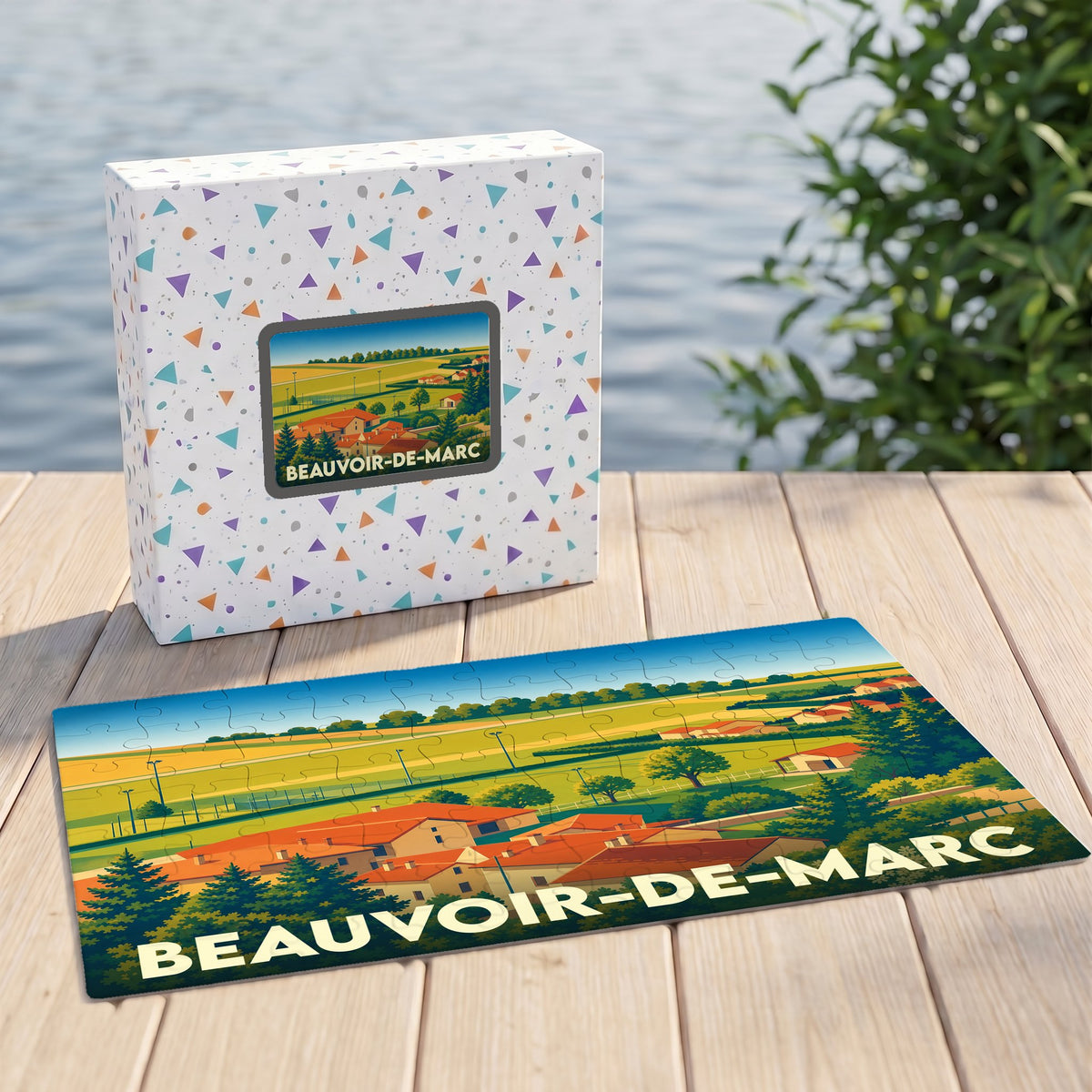 Puzzle souvenir de la ville de Beauvoir-de-Marc présentant une illustration paysagère stylisée.