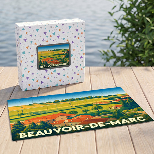 Puzzle souvenir de la ville de Beauvoir-de-Marc présentant une illustration paysagère stylisée.