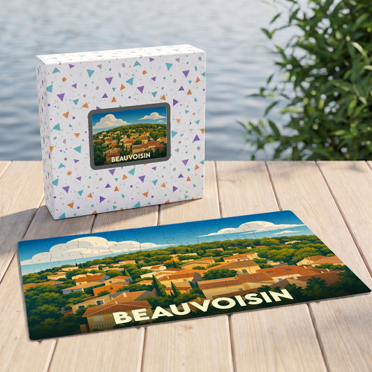 Puzzle souvenir de la ville de Beauvoisin avec une illustration stylisée.