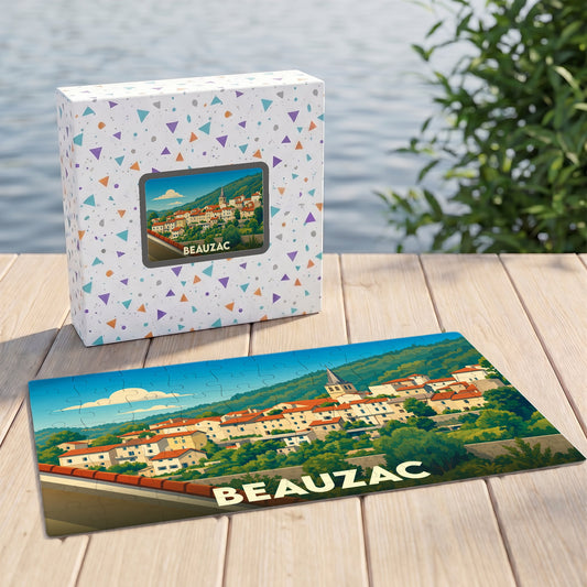 Puzzle souvenir de la ville de Beauzac avec une illustration stylisée d'un paysage urbain.