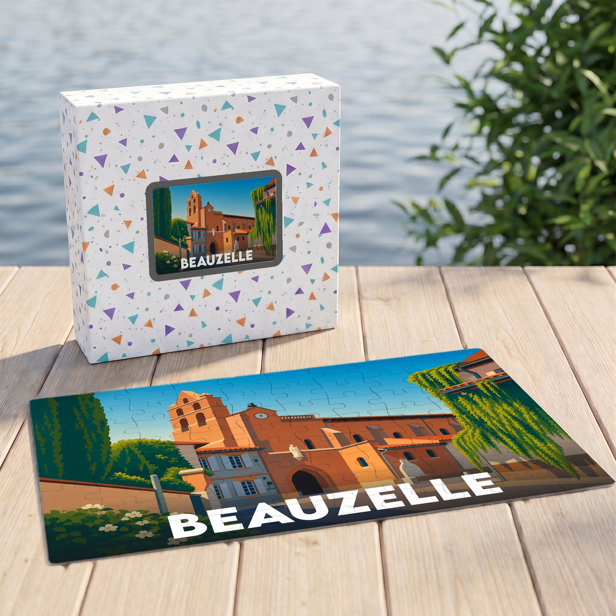 Puzzle souvenir de la ville de Beauzelle avec une illustration stylisée et colorée.