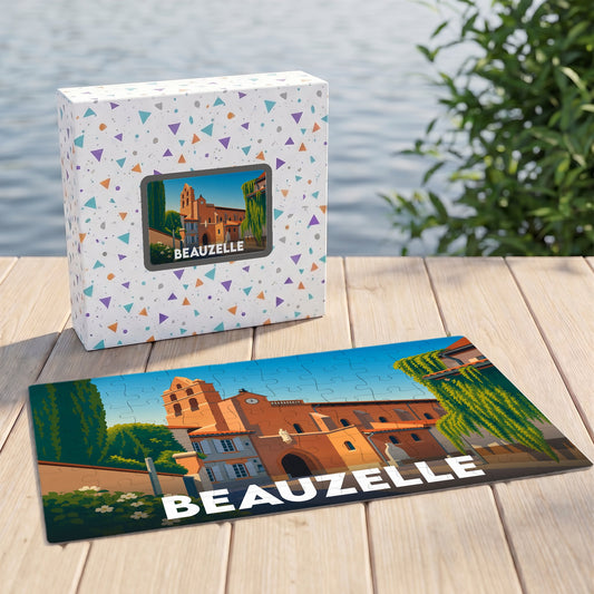 Puzzle souvenir de la ville de Beauzelle avec une illustration stylisée et colorée.