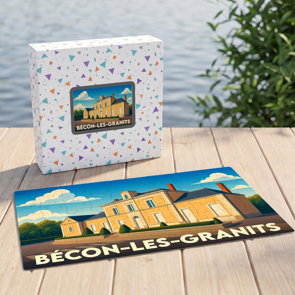 Puzzle souvenir de la ville de Bécon-les-Granits illustrant un grand bâtiment de style classique sous un ciel bleu.