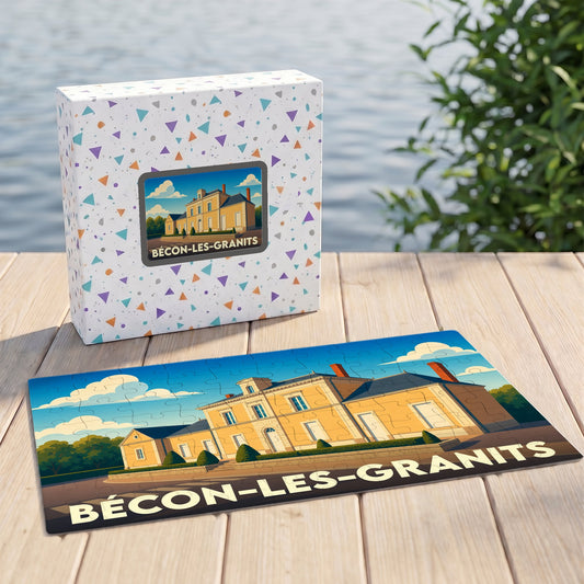 Puzzle souvenir de la ville de Bécon-les-Granits illustrant un grand bâtiment de style classique sous un ciel bleu.