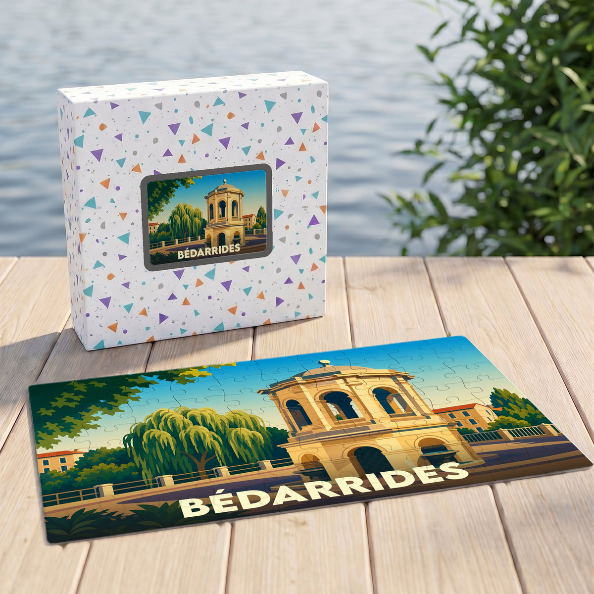 Puzzle souvenir de la ville de Bédarrides avec une illustration stylisée d'un monument historique.