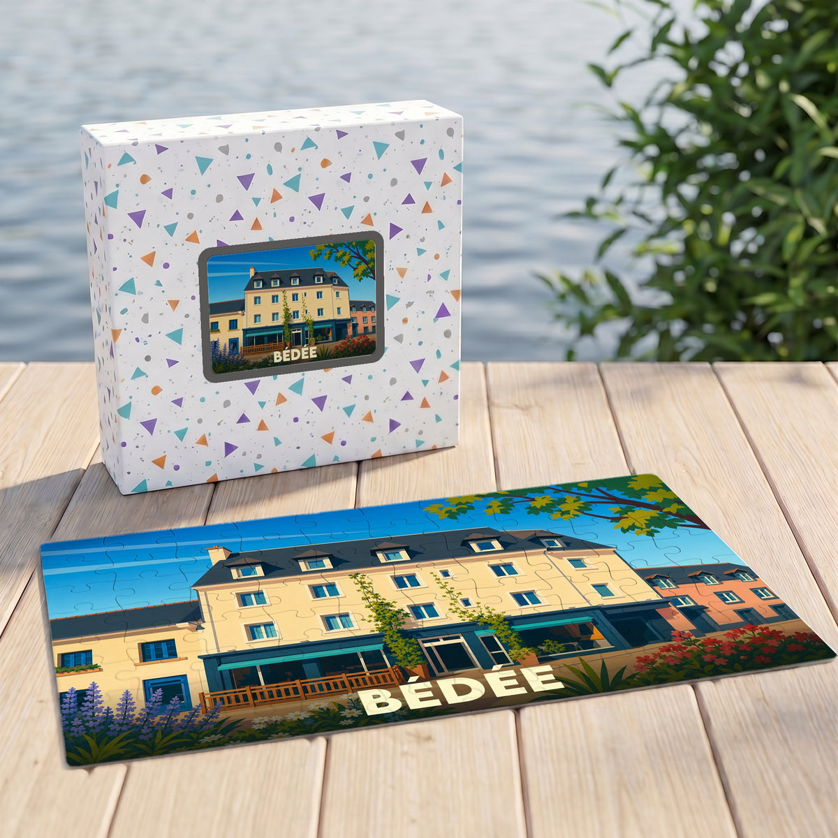 Puzzle souvenir de la ville de Bédée avec une illustration stylisée d'un bâtiment typique.