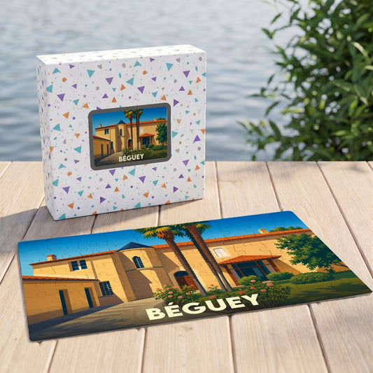 Puzzle souvenir de la ville de Béguey illustré d'une vue stylisée d'un bâtiment provençal.