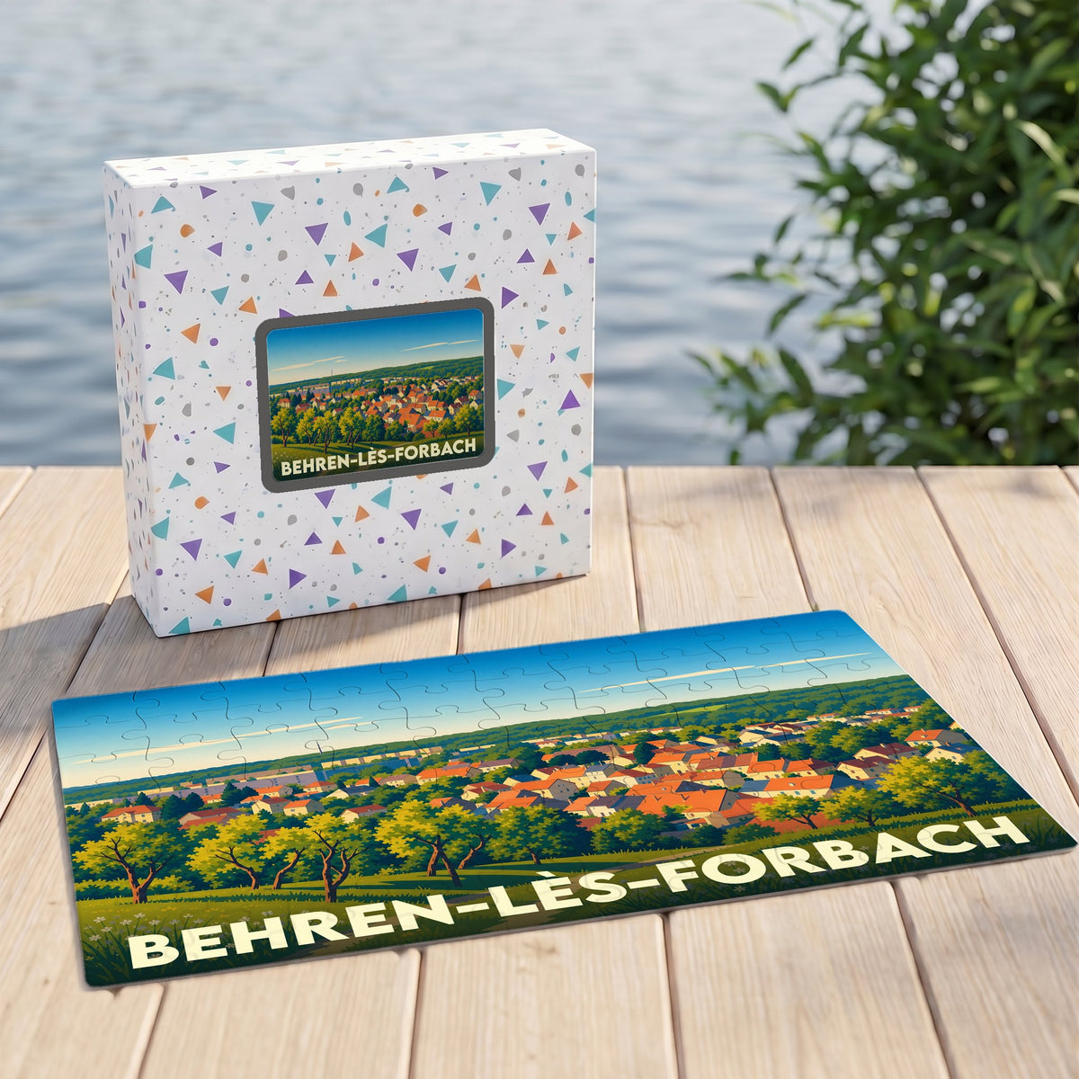 Puzzle souvenir de la ville de Behren-lès-Forbach présentant une illustration stylisée d'un paysage urbain verdoyant.