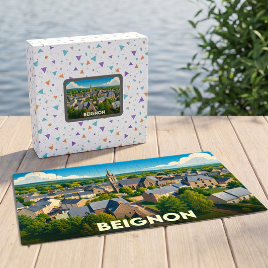 Puzzle souvenir de la ville de Beignon avec une illustration stylisée et colorée.
