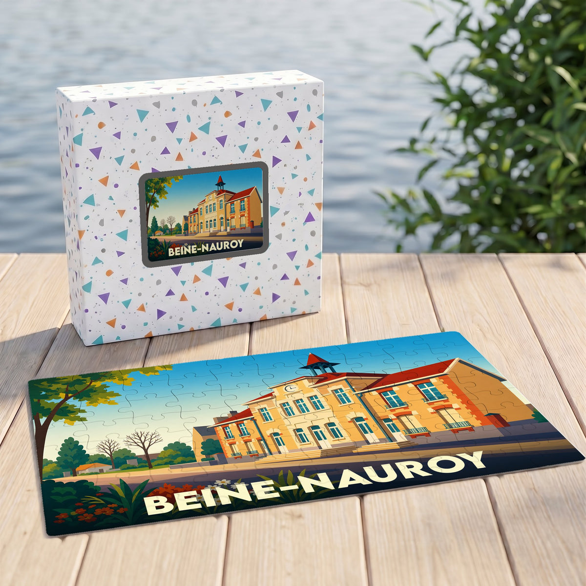 Puzzle souvenir de la ville de Beine-Nauroy avec une illustration stylisée du village.