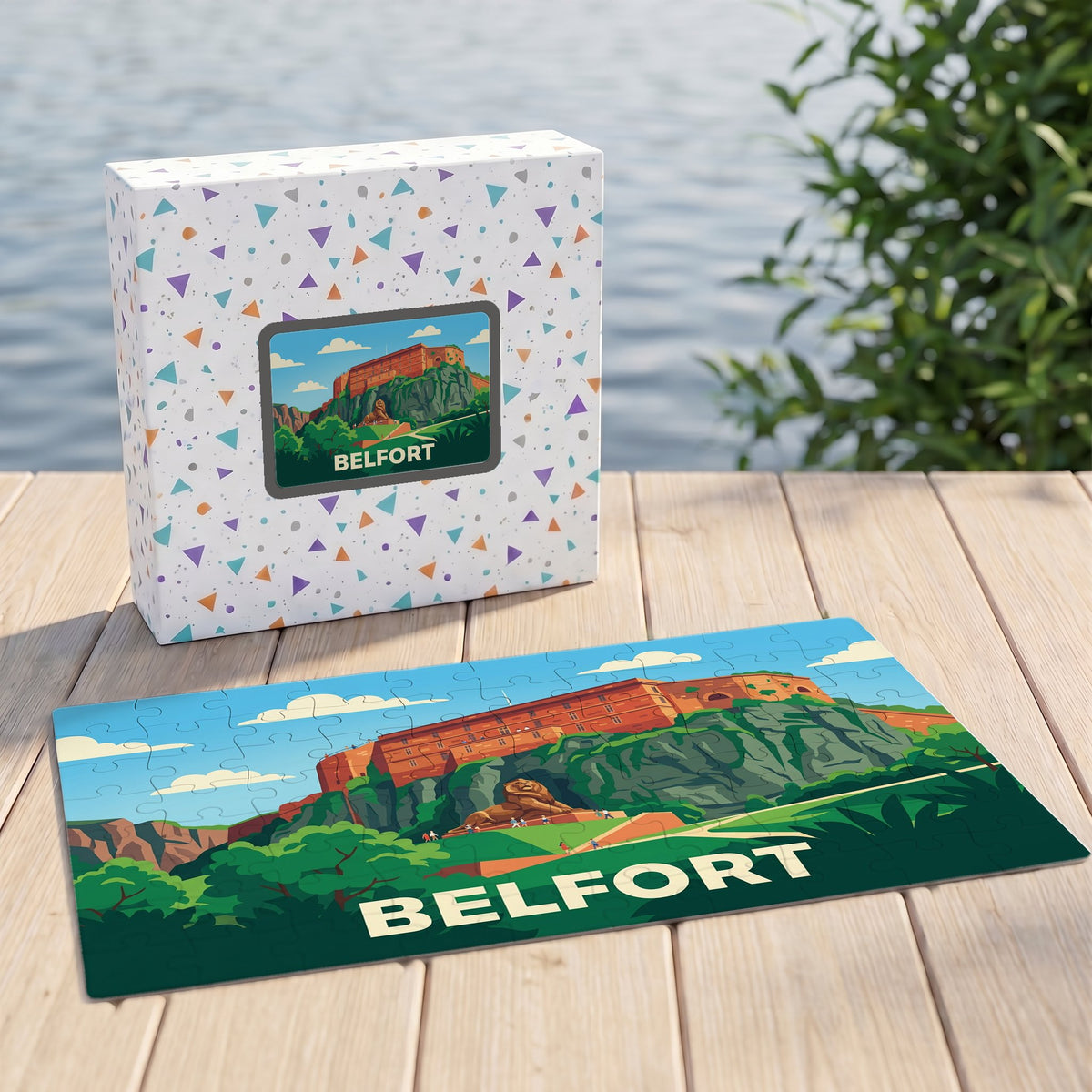 Puzzle souvenir de la ville de Belfort représentant la citadelle et le lion avec une illustration stylisée.