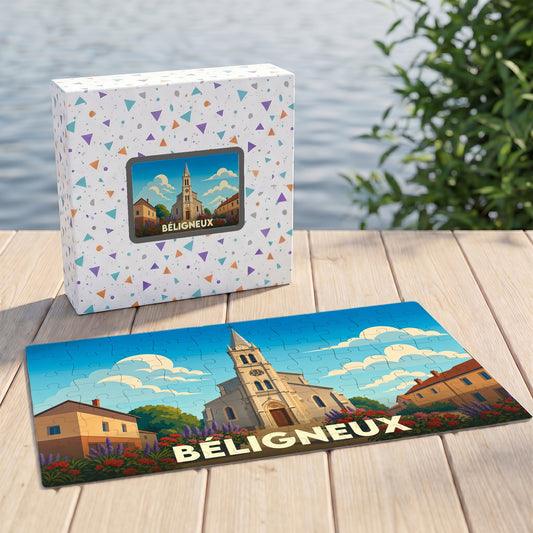 Puzzle souvenir de la ville de Béligneux avec une illustration stylisée de son église et de son paysage urbain.
