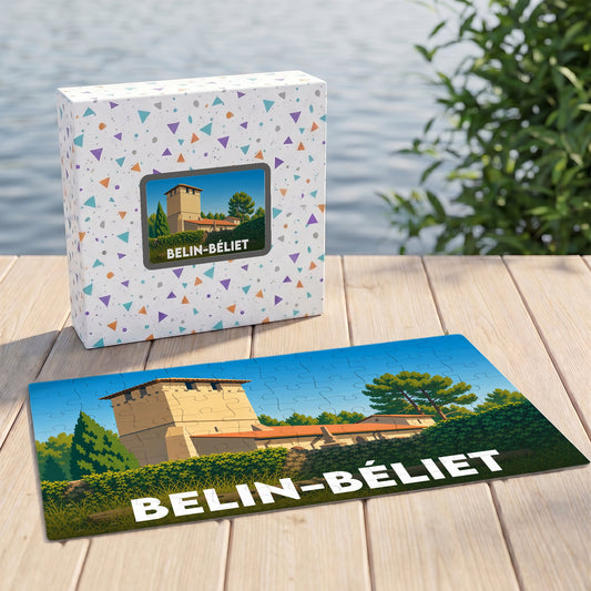 Puzzle souvenir de la ville de Belin-Béliet avec une illustration stylisée d'un monument historique.