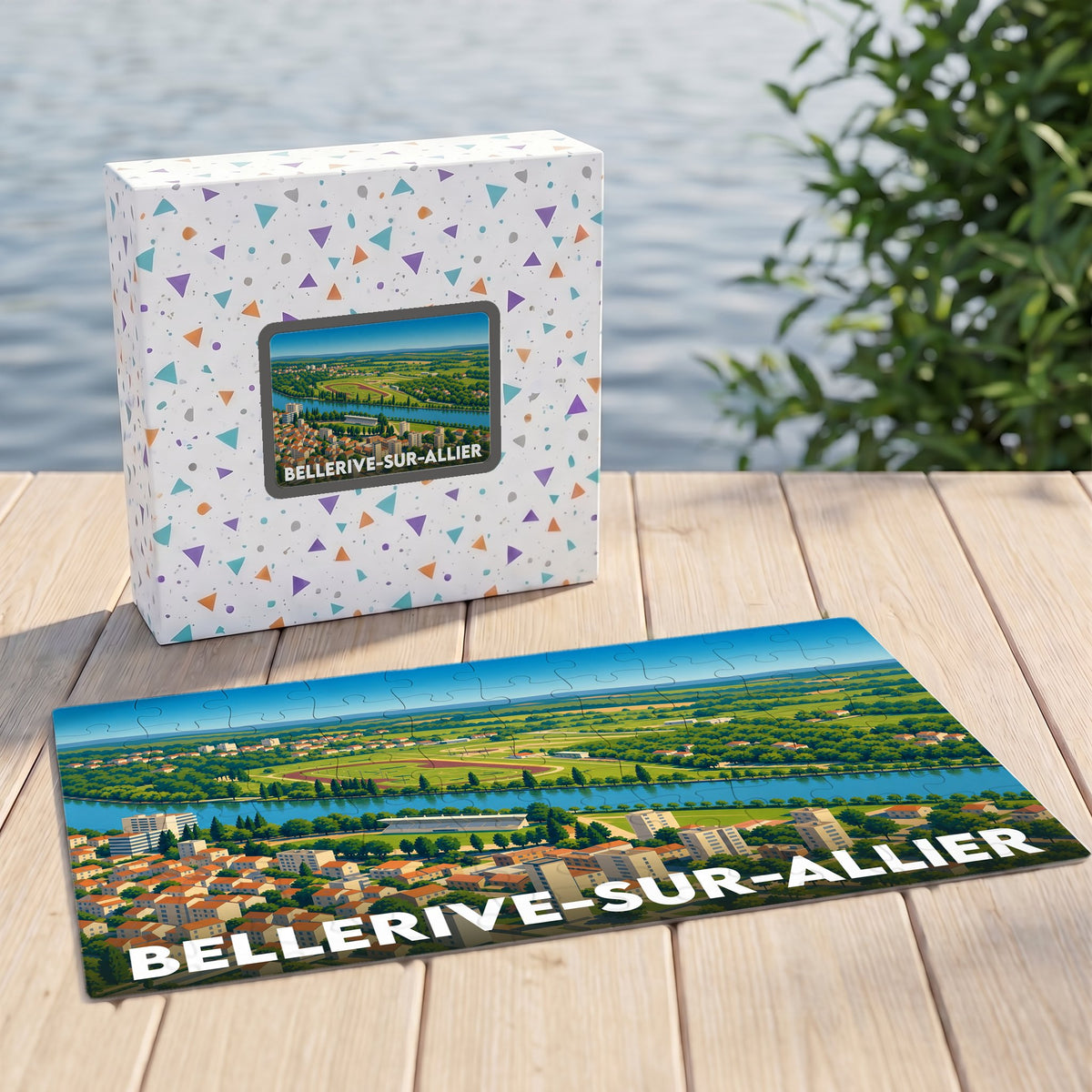 Puzzle souvenir de la ville de Bellerive-sur-Allier représentant une vue panoramique illustrée sur sa boîte et en version assemblée.