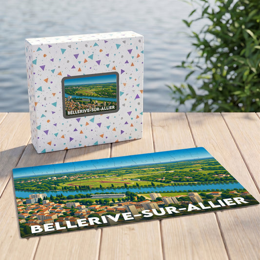 Puzzle souvenir de la ville de Bellerive-sur-Allier représentant une vue panoramique illustrée sur sa boîte et en version assemblée.