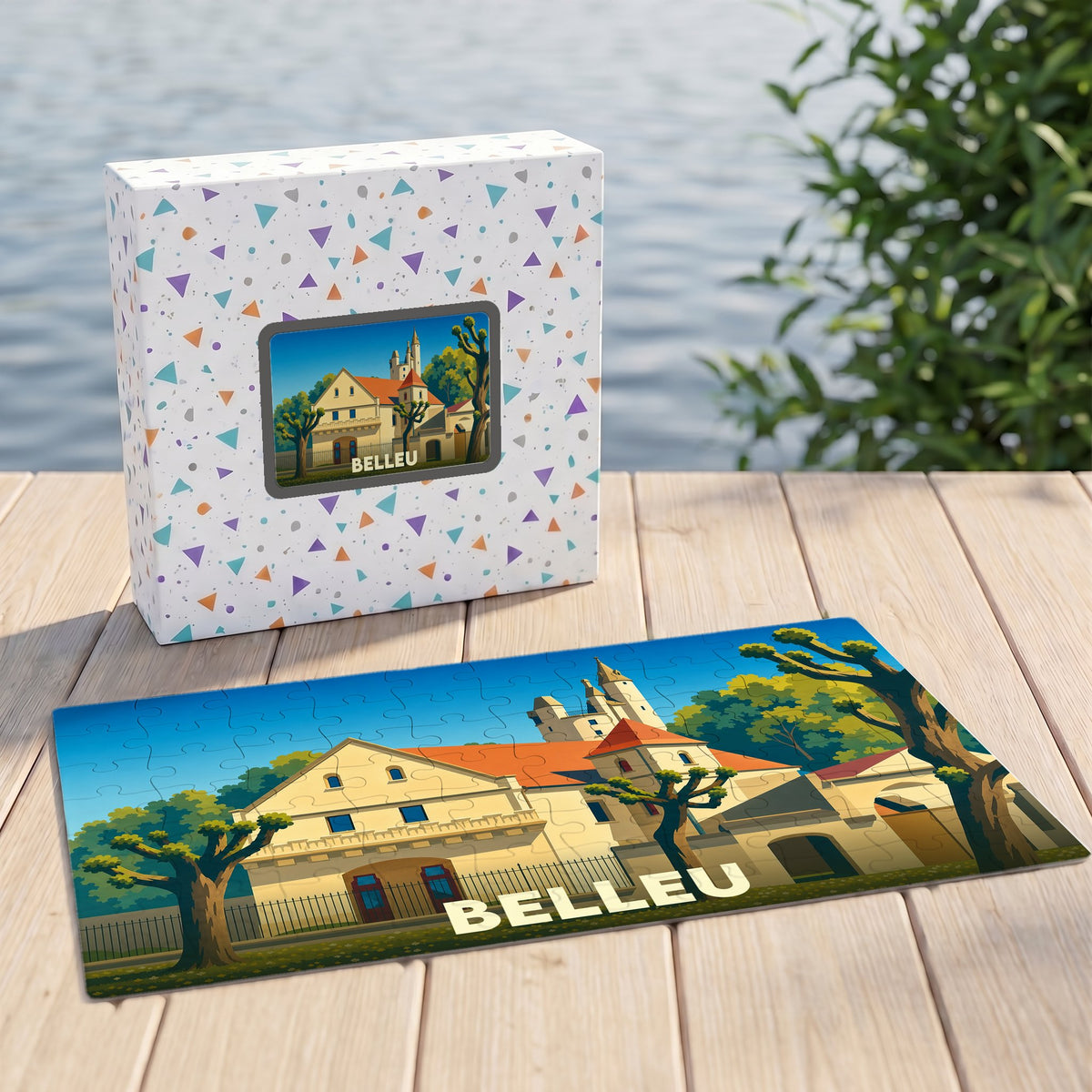Puzzle souvenir de la ville de Belleu avec une illustration stylisée d'un bâtiment historique.