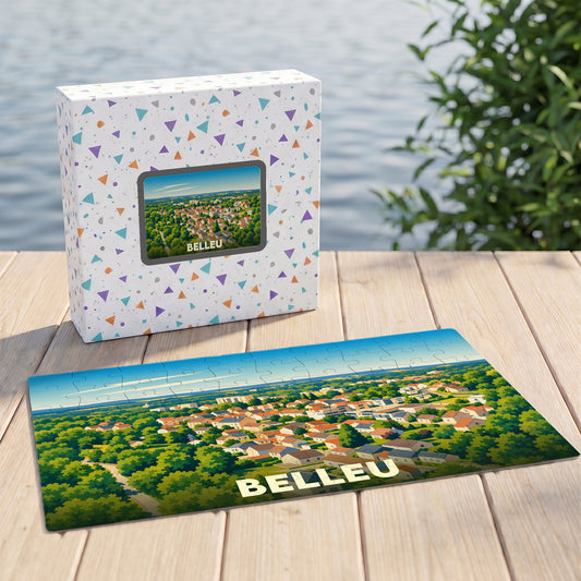 Puzzle souvenir de la ville de Belleu avec une illustration aérienne colorée.