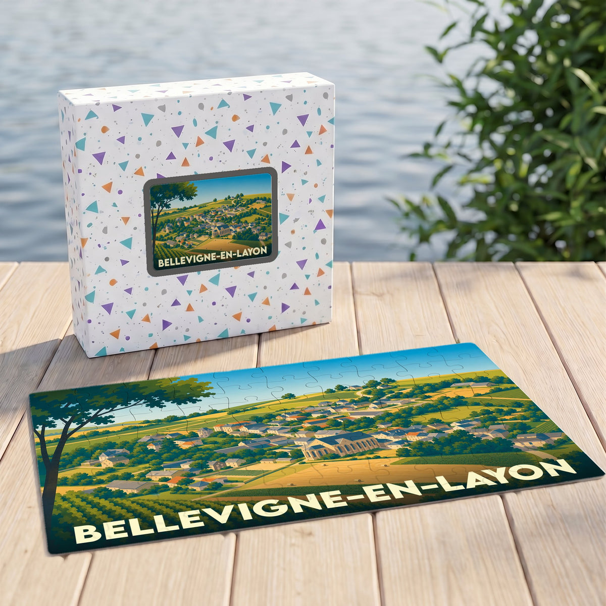 Puzzle souvenir de la ville de Bellevigne-en-Layon avec une illustration panoramique de ses paysages et vignobles.