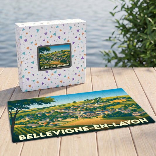 Puzzle souvenir de la ville de Bellevigne-en-Layon avec une illustration panoramique de ses paysages et vignobles.