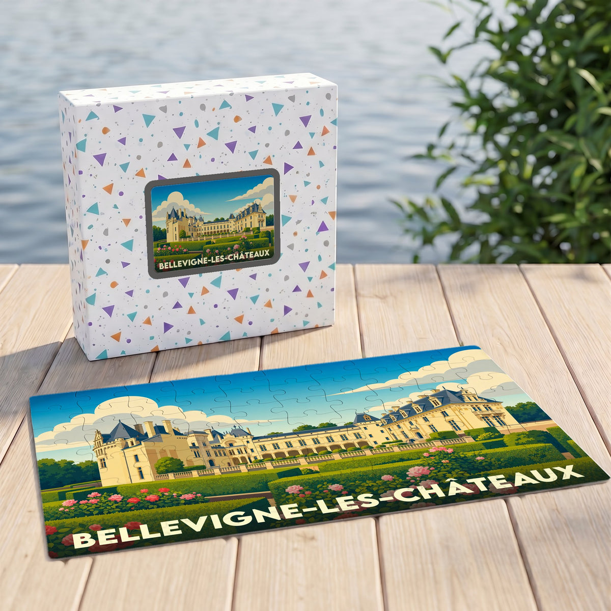 Puzzle souvenir de la ville de Bellevigne-les-Châteaux avec une illustration stylisée d'un château.