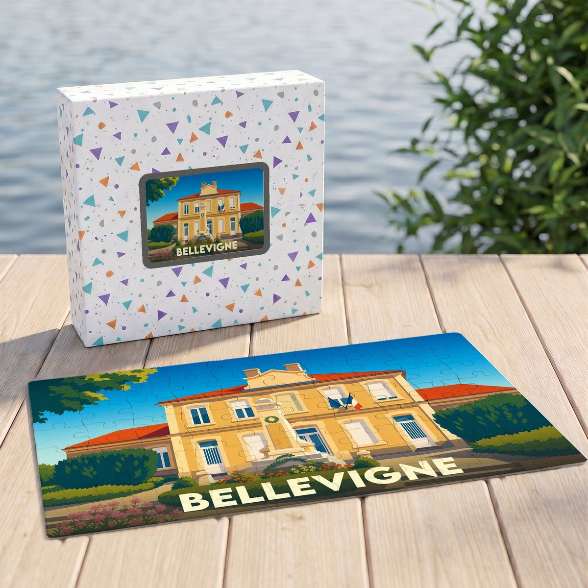 Puzzle souvenir de la ville de Bellevigne avec une illustration colorée de sa mairie.