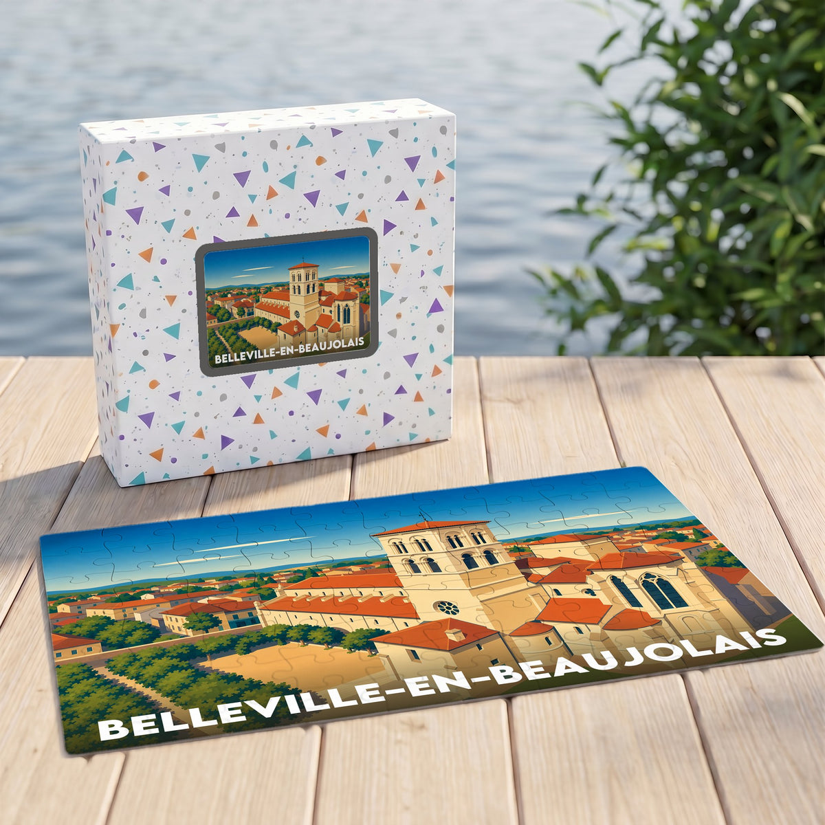 Puzzle souvenir de la ville de Belleville-en-Beaujolais avec une illustration stylisée et colorée.