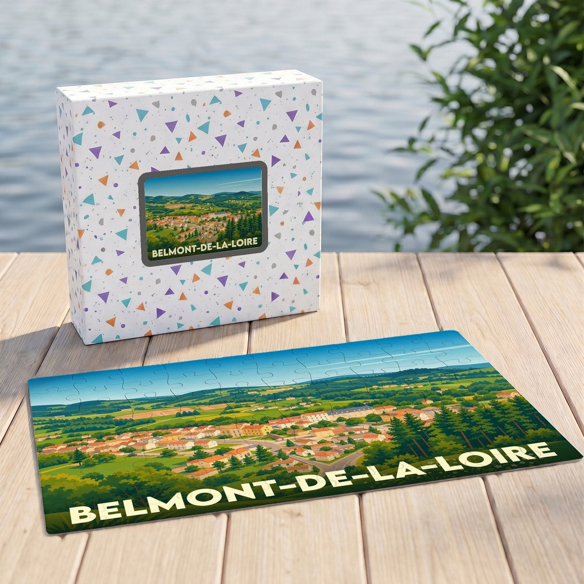 Puzzle souvenir de la ville de Belmont-de-la-Loire avec une illustration panoramique stylisée.