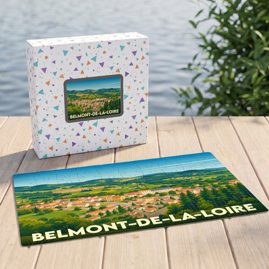 Puzzle souvenir de la ville de Belmont-de-la-Loire avec une illustration panoramique stylisée.