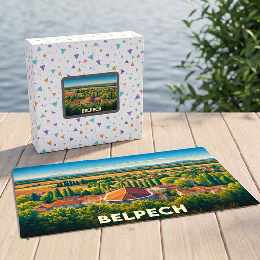 Puzzle souvenir de la ville de Belpech avec une illustration stylisée et colorée.