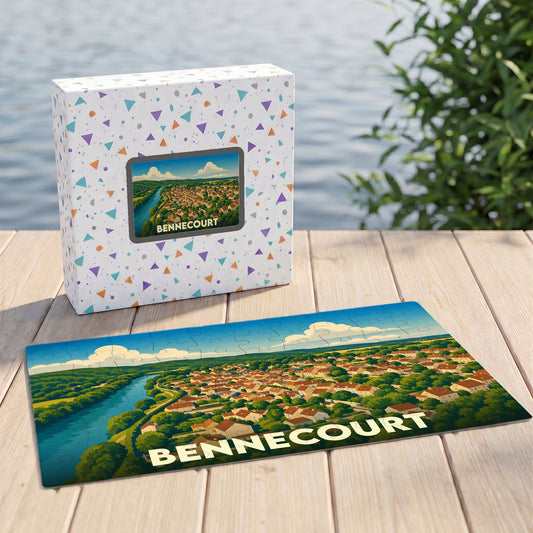 Puzzle souvenir de la ville de Bennecourt avec une illustration stylisée d'un paysage urbain au bord de l'eau.
