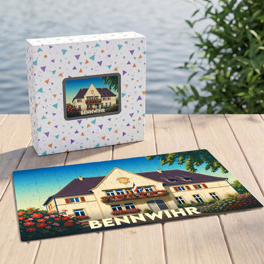 Puzzle souvenir de la ville de Bennwihr avec une illustration stylisée de sa mairie fleurie.